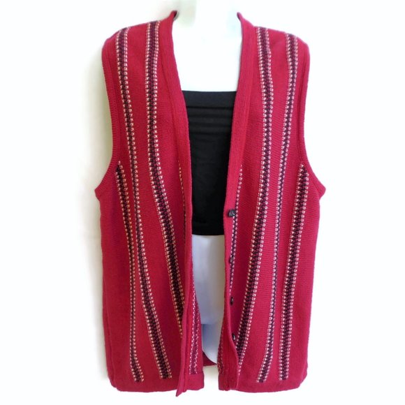 Vintage Red Cardigan Sweater Vest Ivy Embroidered Grandpa Button Front Stripe L - Picture 5 of 6